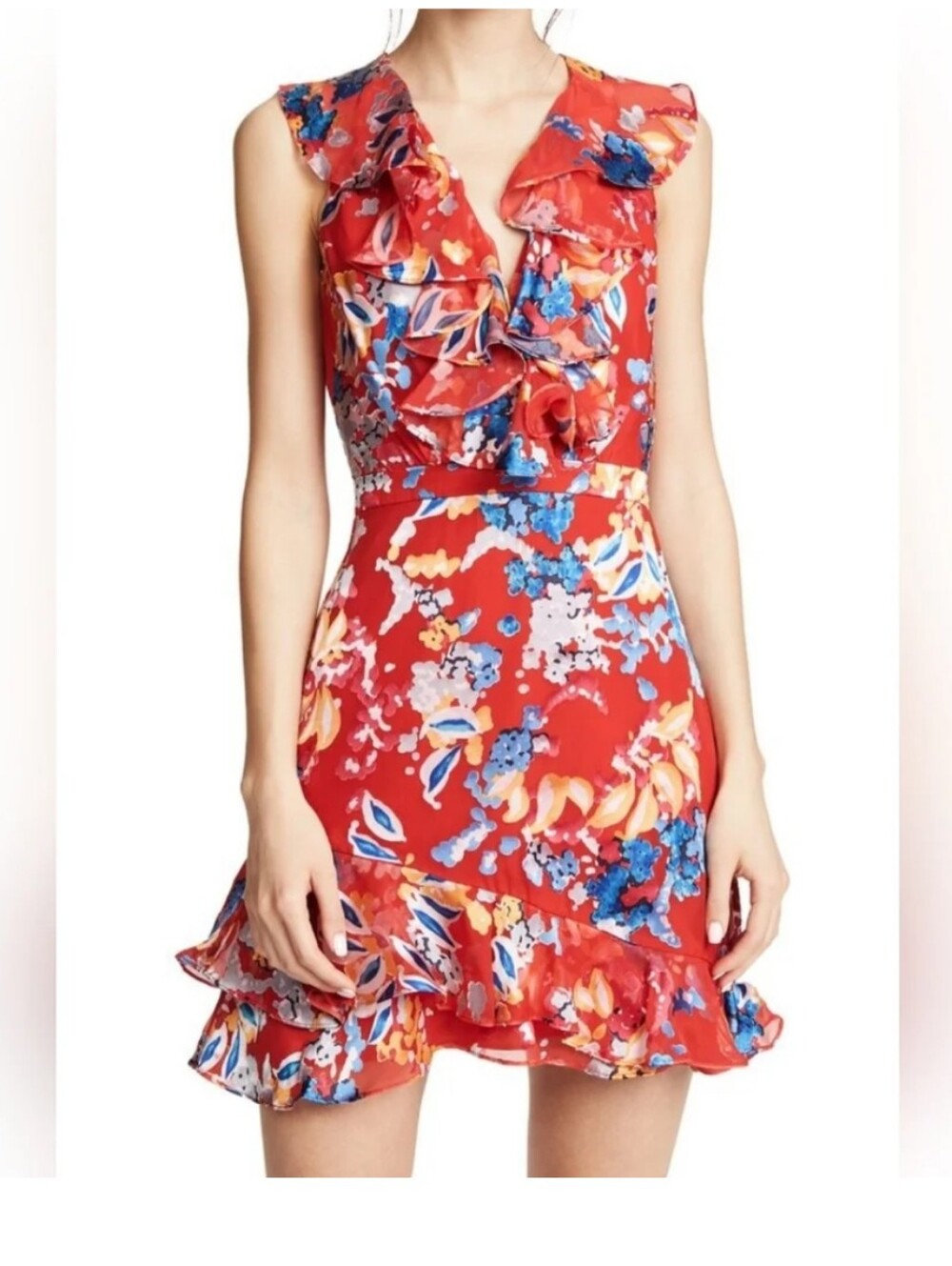 SALONI Red Multicolor Floral Ruffle Mini Dress Sz 6